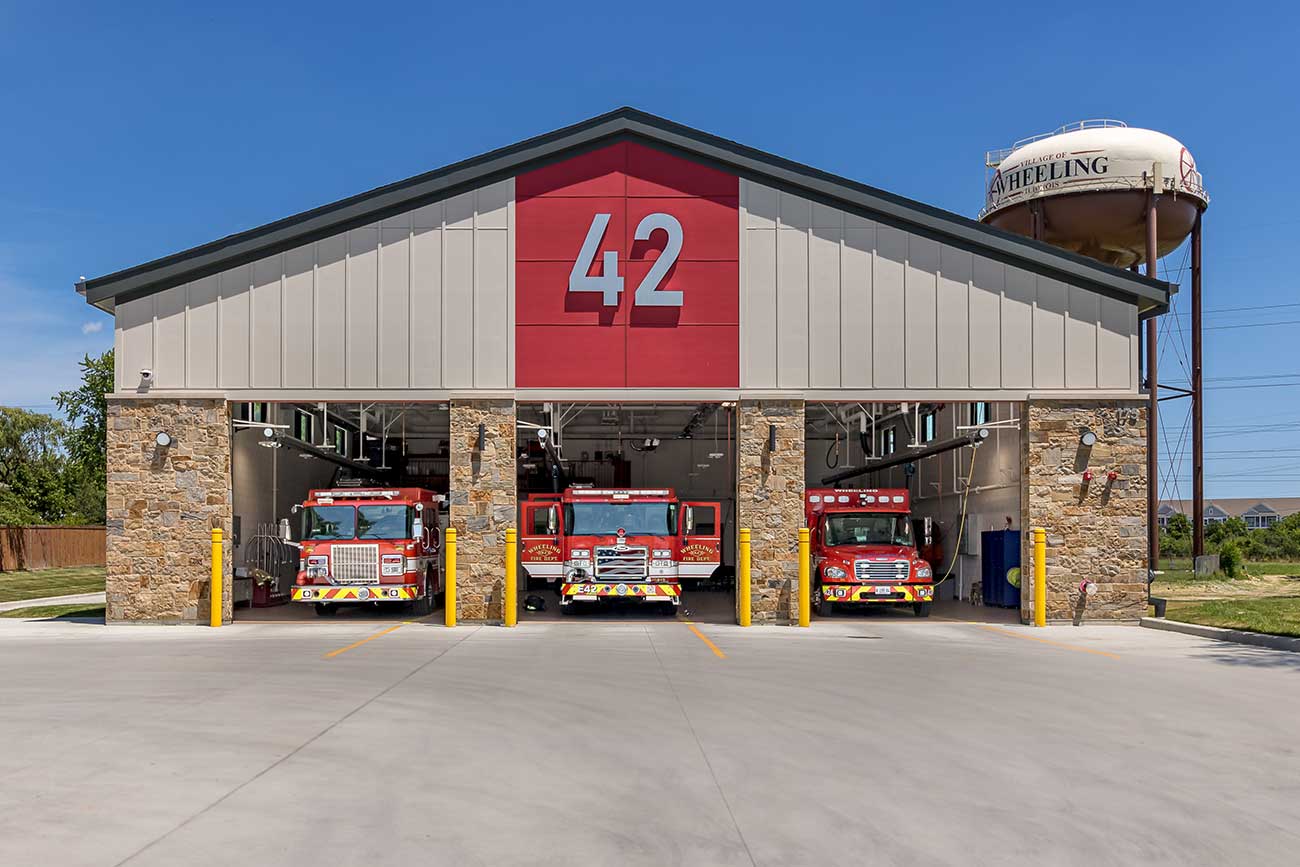 Wheeling 42 Fire Station exterior elevation with front garage doors open