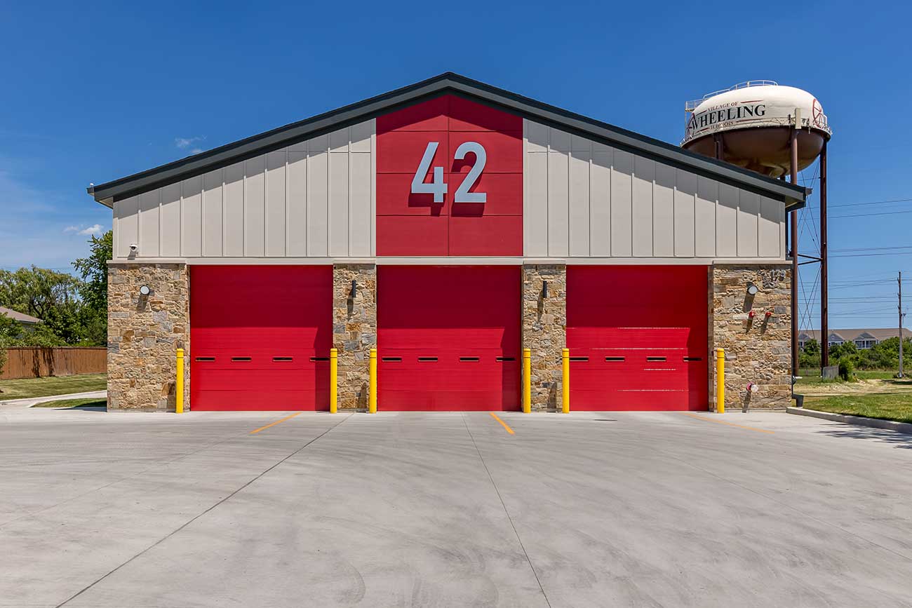 Wheeling 42 Fire Station exterior elevation with front garage doors closed